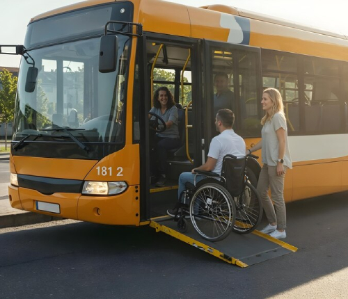 Accessible bus ramp with wheelchair user using NDIS Transport Assistance.